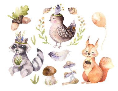 Cute watercolor bohemian baby cartoon hedgehog, squirrel and moose animal for nursary, woodland isolated forest illustration for children. Bunnies animals. clipart