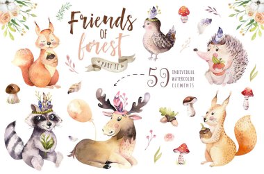 Cute watercolor bohemian baby cartoon hedgehog, squirrel and moose animal for nursary, woodland isolated forest illustration for children. Bunnies animals. clipart