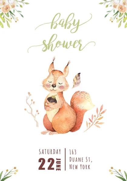 도토리 베이비 초대장 파일을 다람쥐의 귀여운 수채화 그리기 — 스톡 사진