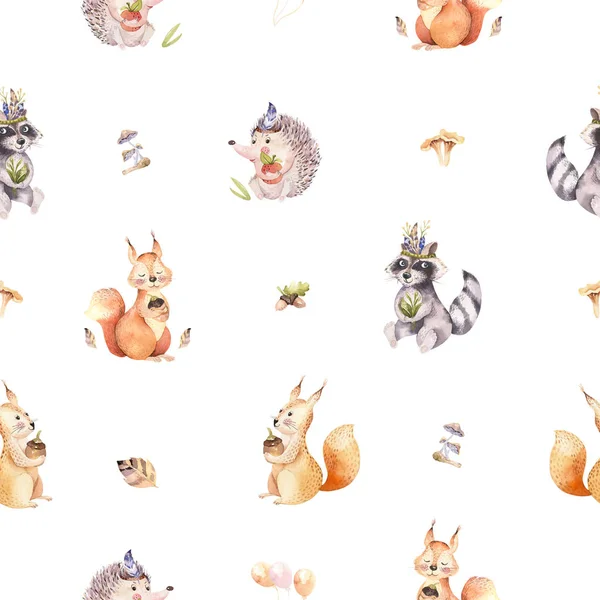 Boho 일러스트 고슴도치 Racoons 배경에 다람쥐의 귀여운 수채화 — 스톡 사진
