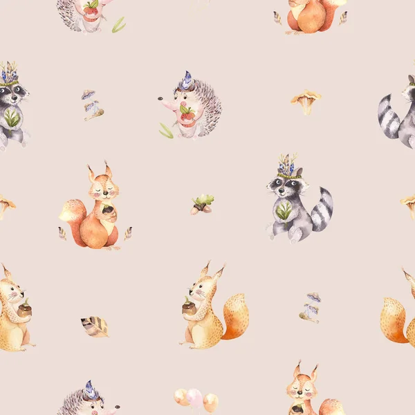 森の動物 自由奔放に生きる図 ハリネズミ アライグマ リスのかわいい漫画水彩パターン — ストック写真