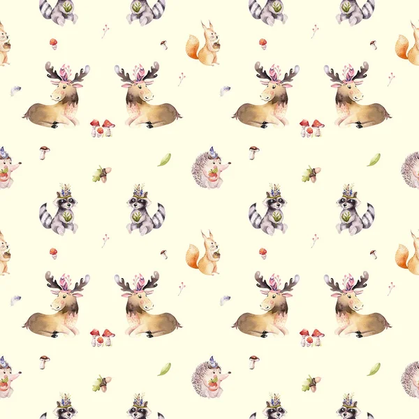 Милый Рисунок Акварелью Лесных Животных Boho Иллюстрации Лосей Птиц Ежей — стоковое фото