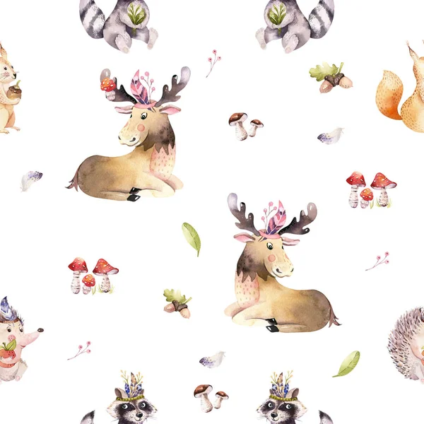 Милый Мультяшный Акварельный Рисунок Лосей Других Животных Бохо Иллюстрация Элементы — стоковое фото