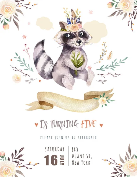 Cute Cartoon Watercolor Drawing Raccoon Boho Illustration Invitation Card Template — Stock Photo, Image