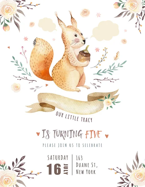 Cute Cartoon Watercolor Drawing Squirrel Invitation Card Template — Stock Photo, Image