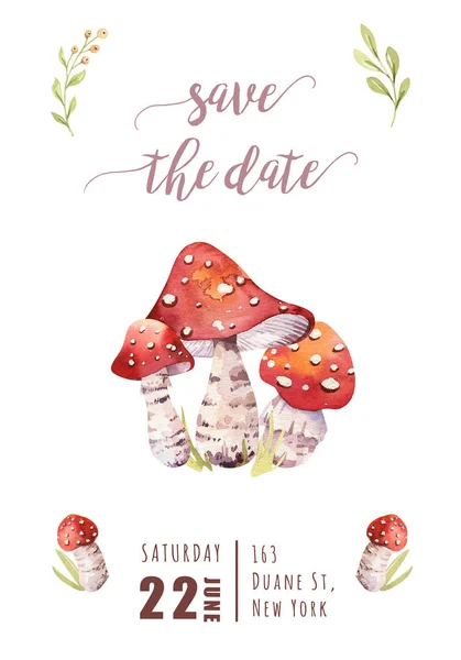 Cute cartoon watercolor drawing of amanta mushrooms, invitation card template — Stock Image Cute Cartoon Watercolor Drawing Amanta Mushrooms Invitation Card Template Royalty Free Stock Images