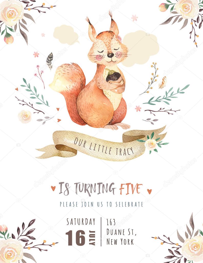 cute cartoon watercolor drawing of squirrel holding acorn, invitation card template