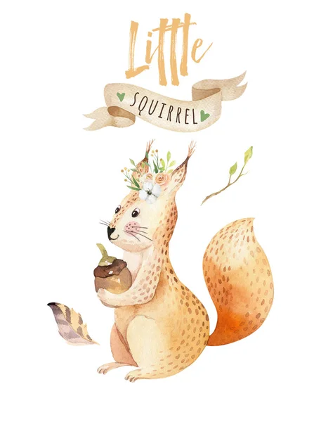 Cute Watercolor Baby Poster Squirrel Inscription Hand Drawn Invitation Template — Stock Photo, Image