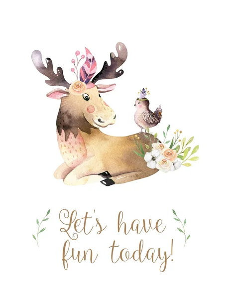 Roztomilé Dítě Český Akvarel Moose Zvířátkový Plakát — Stock fotografie