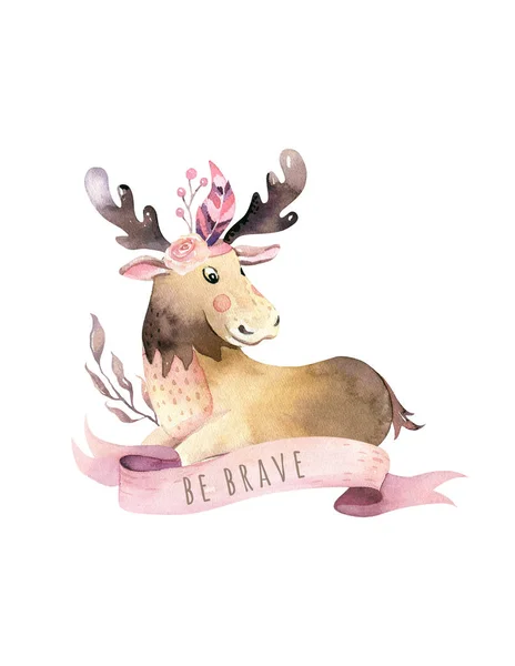 Cute watercolor bohemian baby moose animal poster