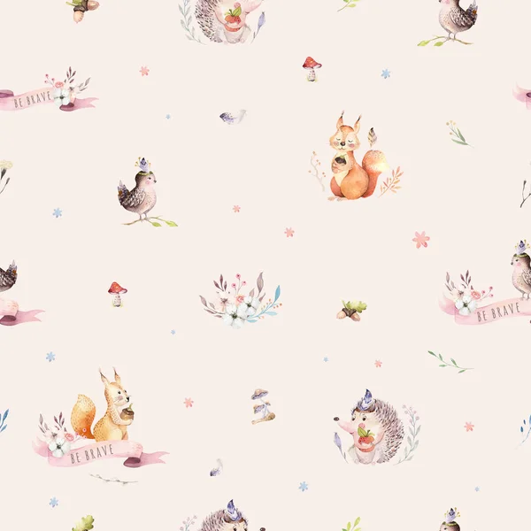 水彩无缝图案可爱的婴儿卡通刺猬 松鼠和驼鹿动物 — 图库照片