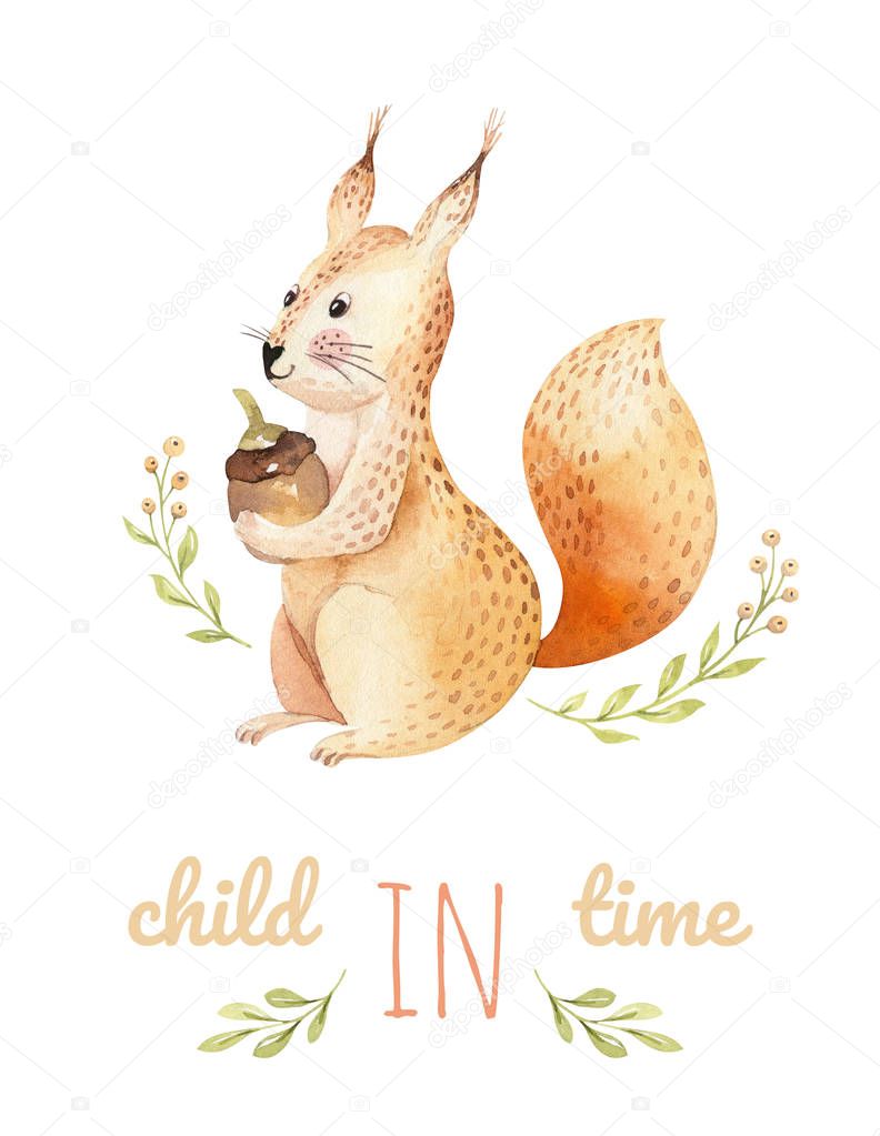 Cute watercolor baby poster with squirrel and inscription. Hand-drawn invitation template