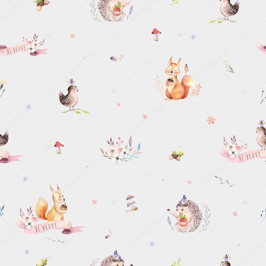 Watercolor seamless pattern of cute baby cartoon hedgehog, sparrow, squirrel and moose animal 