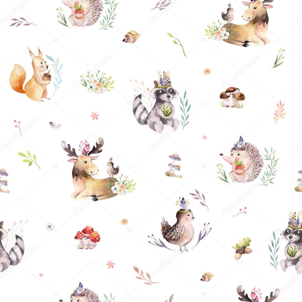 Watercolor seamless pattern of cute baby cartoon hedgehog, sparrow, squirrel and moose animal 