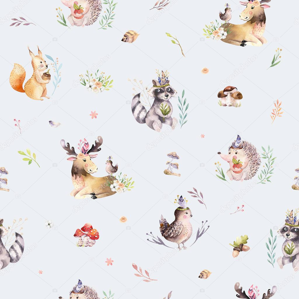 Watercolor seamless pattern of cute baby cartoon hedgehog, sparrow, squirrel and moose animal 