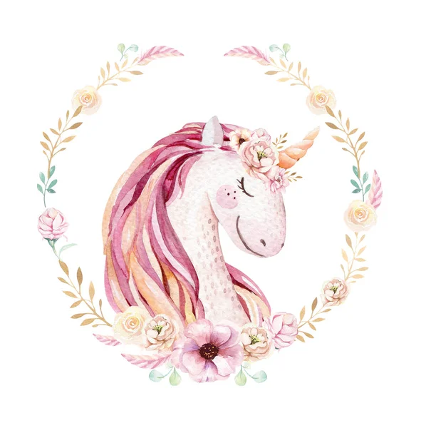 Απομονωμένη clipart χαριτωμένος μονόκερος ακουαρέλα με λουλούδια. Φυτώριο μονόκερους εικονογράφηση. Αφίσα πριγκίπισσα ουράνιο τόξο. Trendy ροζ cartoon αλόγων πόνι. — Φωτογραφία Αρχείου