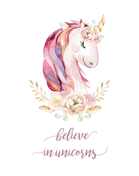 Isolerade söt akvarell unicorn clipart med blommor. Plantskolan enhörningar illustration. Prinsessan regnbåge affisch. Trendig rosa tecknad ponny häst. — Stockfoto