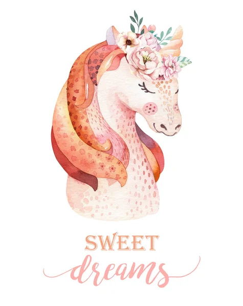 Isolated cute watercolor unicorn clipart with flowers. Nursery unicorns illustration. Princess rainbow poster. Trendy pink cartoon pony horse. — Stock Photo, Image