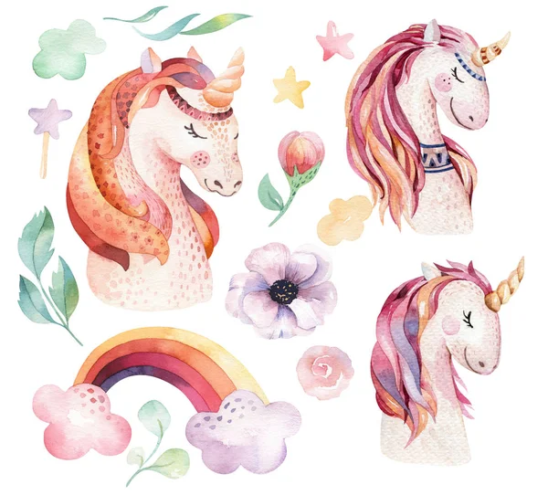 Aislado linda acuarela unicornio clipart con flores. Ilustración de unicornios infantiles. Cartel de arco iris princesa. Trendy rosa caballo de dibujos animados pony . —  Fotos de Stock