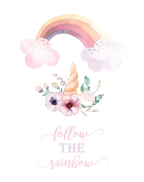 Isolated cute watercolor unicorn clipart with flowers. Nursery unicorns illustration. Princess rainbow poster. Trendy pink cartoon pony horse. — Stock Photo, Image