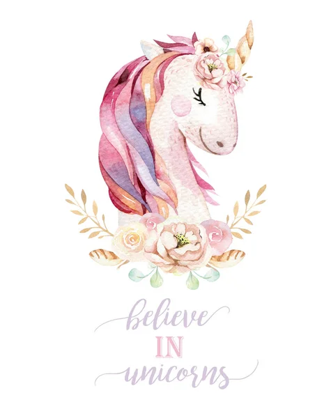 Isolated cute watercolor unicorn clipart with flowers. Nursery unicorns illustration. Princess rainbow poster. Trendy pink cartoon pony horse.