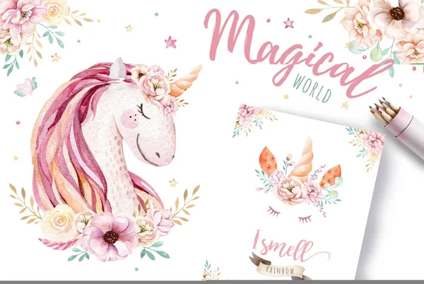 Isolerade Söt Akvarell Unicorn Clipart Plantskolan Enhörningar Illustration Prinsessan Regnbåge — Stockfoto