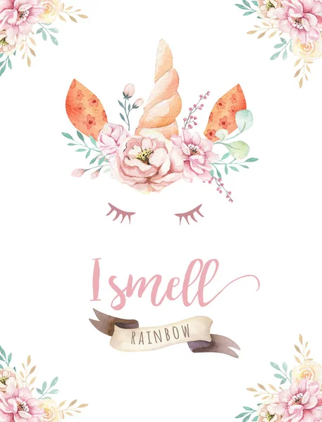 Şirin suluboya tek boynuzlu at clipart çiçekler ile izole. Kreş tek boynuzlu at illüstrasyon. Prenses gökkuşağı poster. Son moda pembe çizgi film midilli at.