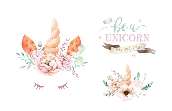 Geïsoleerde schattig aquarel unicorn clipart met bloemen. Kwekerij eenhoorns illustratie. Prinses regenboog poster. Trendy roze cartoon pony paard. — Stockfoto