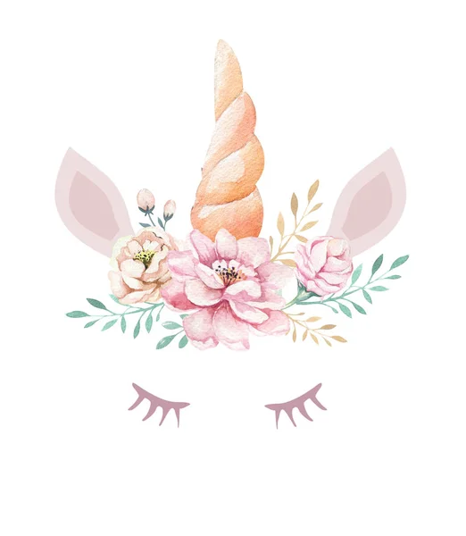 Isolé mignon clipart aquarelle licorne avec des fleurs. Illustration de licornes de pépinière. Affiche princesse arc-en-ciel. Cheval de poney dessin animé rose tendance . — Photo