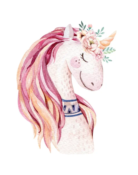 Aislado linda acuarela unicornio clipart con flores. Ilustración de unicornios infantiles. Cartel de arco iris princesa. Trendy rosa caballo de dibujos animados pony . — Foto de Stock