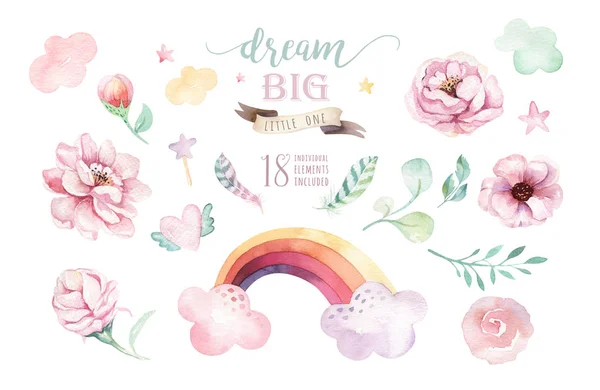 Isolado clipart unicórnio aquarela bonito com flores. Ilustração de unicórnios de berçário. Cartaz da Princesa Arco-íris. Cavalo de pônei de desenho animado rosa na moda . — Fotografia de Stock