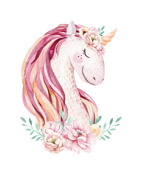 Aislado linda acuarela unicornio clipart con flores. Ilustración de unicornios infantiles. Cartel de arco iris princesa. Trendy rosa caballo de dibujos animados pony . —  Fotos de Stock