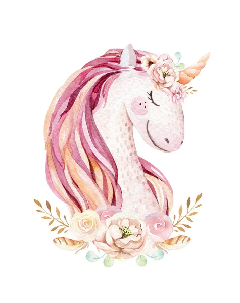 Isolierte niedliche Aquarell Einhorn Cliparts mit Blumen. Kinderzimmer Einhörner Illustration. Prinzessin Regenbogen Poster. Trendy rosa Cartoon Pony Pferd. — Stockfoto