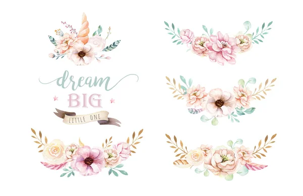 Απομονωμένη clipart χαριτωμένος μονόκερος ακουαρέλα με λουλούδια. Φυτώριο μονόκερους εικονογράφηση. Αφίσα πριγκίπισσα ουράνιο τόξο. Trendy ροζ cartoon αλόγων πόνι. — Φωτογραφία Αρχείου