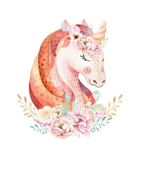 Isolated cute watercolor unicorn clipart with flowers. Nursery unicorns illustration. Princess rainbow poster. Trendy pink cartoon pony horse. — Stock Photo, Image
