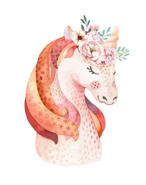 Geïsoleerde schattig aquarel unicorn clipart met bloemen. Kwekerij eenhoorns illustratie. Prinses regenboog poster. Trendy roze cartoon pony paard. — Stockfoto