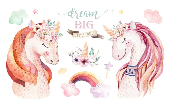 Isolated cute watercolor unicorn clipart with flowers. Nursery unicorns illustration. Princess rainbow poster. Trendy pink cartoon pony horse.