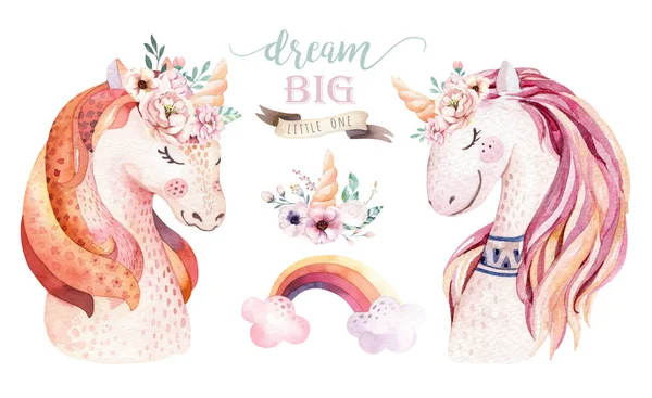 Isolated cute watercolor unicorn clipart with flowers. Nursery unicorns illustration. Princess rainbow poster. Trendy pink cartoon pony horse. — Stock Photo, Image