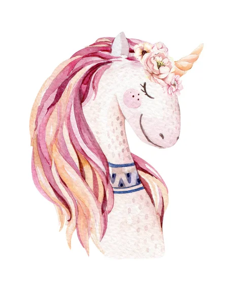 Isolated cute watercolor unicorn clipart with flowers. Nursery unicorns illustration. Princess rainbow poster. Trendy pink cartoon pony horse. — Stock Photo, Image