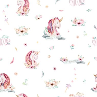 Şirin suluboya tek boynuzlu at çiçekler ile seamless modeli. Kreş sihirli unicorn desen. Prenses gökkuşağı doku. Son moda pembe çizgi film midilli at.