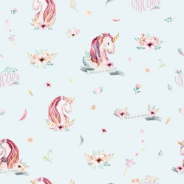 Şirin suluboya tek boynuzlu at çiçekler ile seamless modeli. Kreş sihirli unicorn desen. Prenses gökkuşağı doku. Son moda pembe çizgi film midilli at.