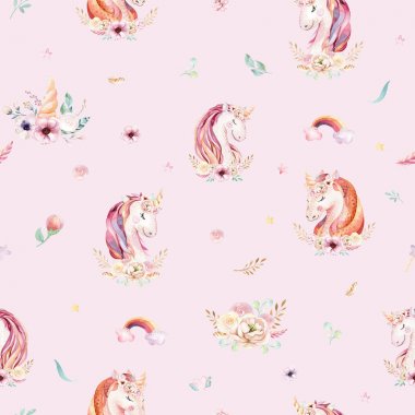 Şirin suluboya tek boynuzlu at çiçekler ile seamless modeli. Kreş sihirli unicorn desen. Prenses gökkuşağı doku. Son moda pembe çizgi film midilli at.