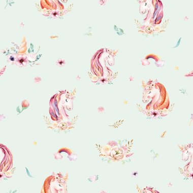Şirin suluboya tek boynuzlu at çiçekler ile seamless modeli. Kreş sihirli unicorn desen. Prenses gökkuşağı doku. Son moda pembe çizgi film midilli at.