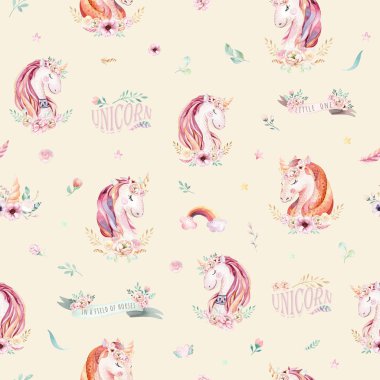 Şirin suluboya tek boynuzlu at çiçekler ile seamless modeli. Kreş sihirli unicorn desen. Prenses gökkuşağı doku. Son moda pembe çizgi film midilli at.