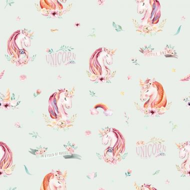 Şirin suluboya tek boynuzlu at çiçekler ile seamless modeli. Kreş sihirli unicorn desen. Prenses gökkuşağı doku. Son moda pembe çizgi film midilli at.