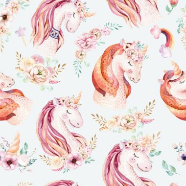 Çiçekler olan şirin suluboya at. Kreş sihirli unicorn desen. Prenses gökkuşağı doku. Son moda pembe çizgi film midilli at.