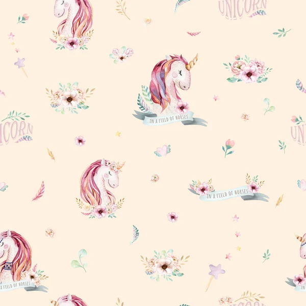 Cute watercolor unicorn seamless pattern with flowers. Nursery magical unicorn pattern. Princess rainbow texture. Trendy pink cartoon pony horse.