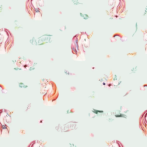 Cute watercolor unicorn seamless pattern with flowers. Nursery magical unicorn pattern. Princess rainbow texture. Trendy pink cartoon pony horse.