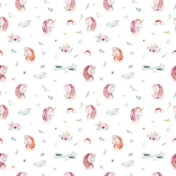 花の水彩画のかわいいユニコーン シームレス パターン 保育園魔法のユニコーンのパターン 姫虹のテクスチャです トレンディなピンク漫画ポニー馬 — ストック写真