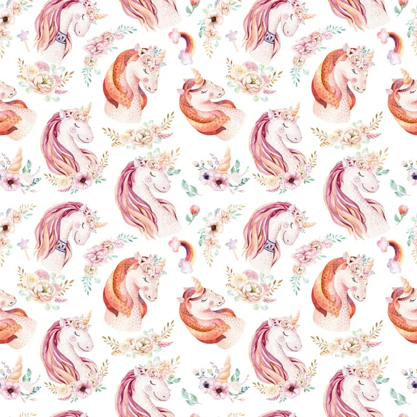 Roztomilý Akvarel Jednorožec Bezešvé Vzor Květy Magický Jednorožec Vzor Školky — Stock fotografie